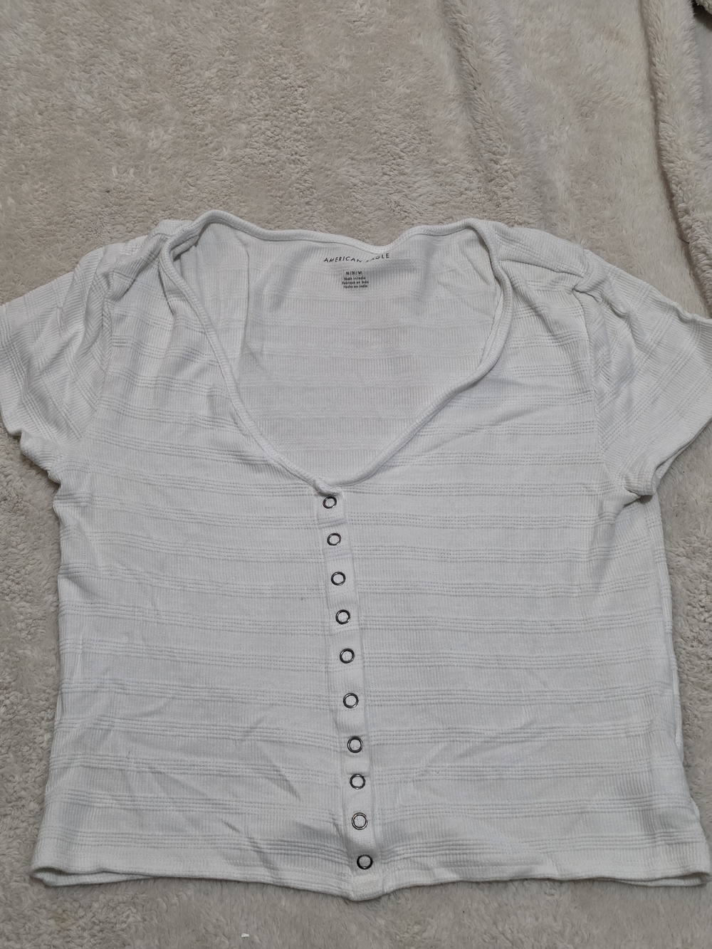 .American Eagle Outfitters White Ribbed Short Sleeve Button-Up Top